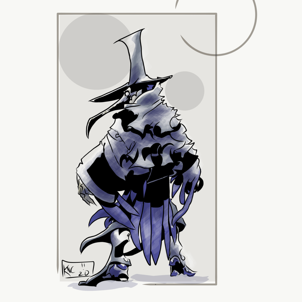 A witchhunter in plaguedoctor mask facing away from the viewer
