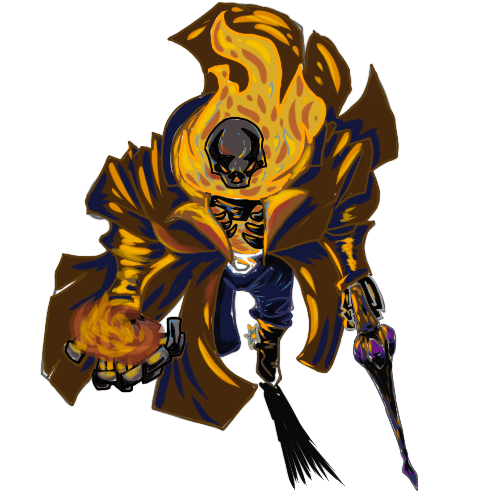 devil in a duster with a flaming skull head