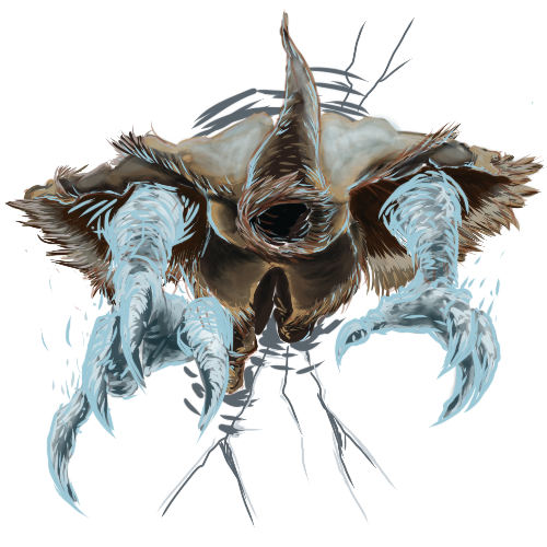 Ice devil as a cloaked figure with two giant ice claws emerging from the shadows of her robes