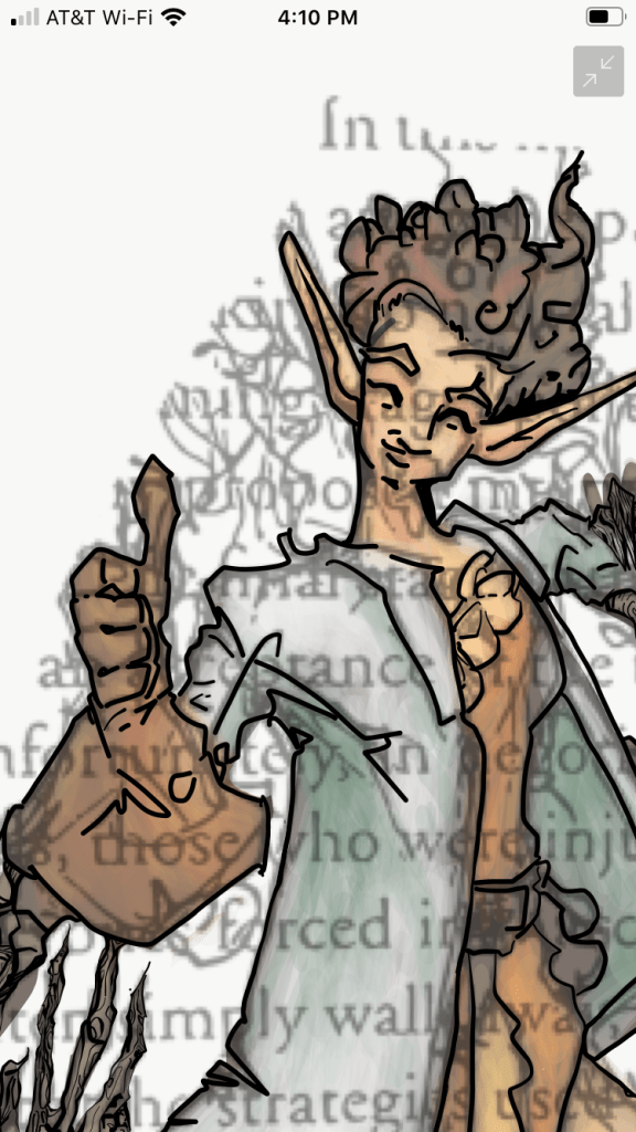 Elf scientist colored and drawn over text